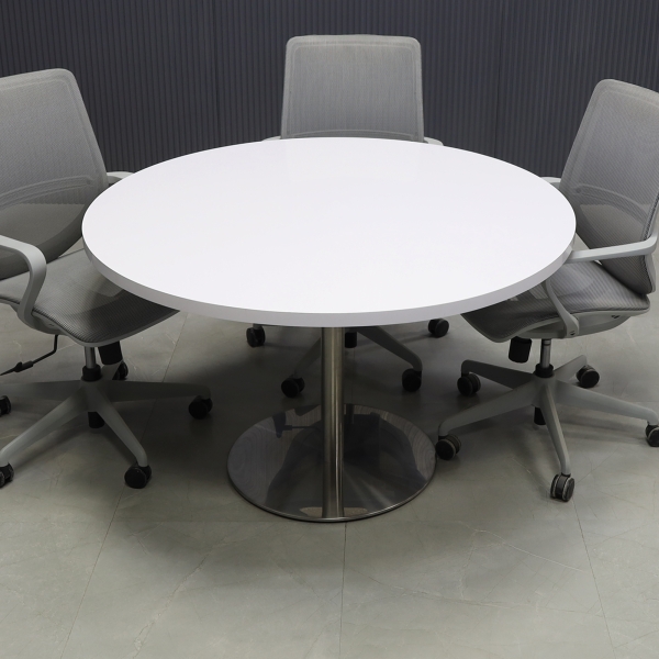 48-inch California Round Conference Table with white gloss laminate top and aluminum stainless steel base.