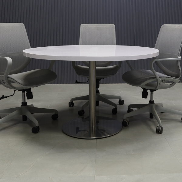 48-inch California Round Conference Table with white gloss laminate top and aluminum stainless steel base.