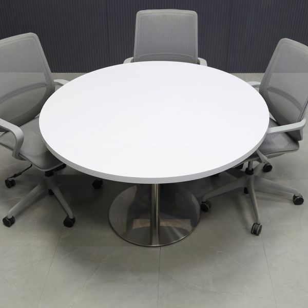 48-inch California Round Conference Table with white gloss laminate top and aluminum stainless steel base.