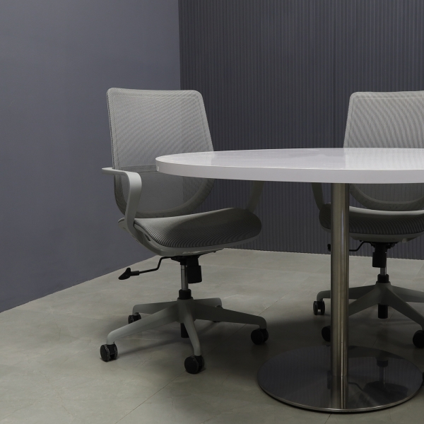 48-inch California Round Conference Table with white gloss laminate top and aluminum stainless steel base.