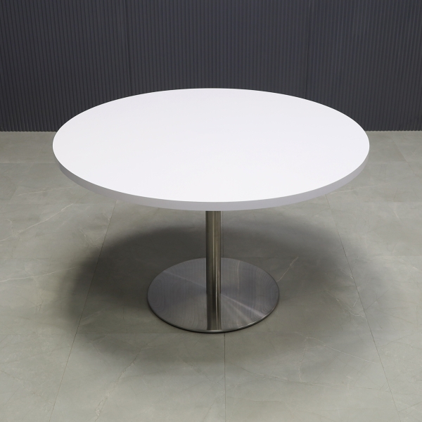 48-inch California Round Conference Table with white gloss laminate top and aluminum stainless steel base.