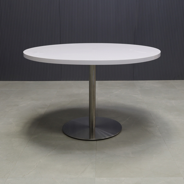 48-inch California Round Conference Table with white gloss laminate top and aluminum stainless steel base.
