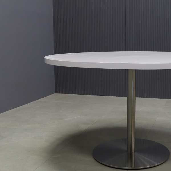 48-inch California Round Conference Table with white gloss laminate top and aluminum stainless steel base.