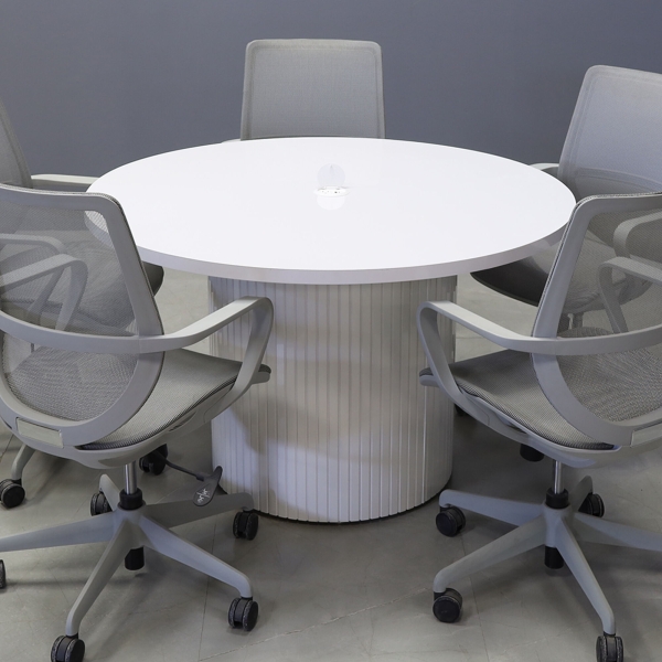 48-inch Newton Round Conference Table in white gloss laminate top, white gloss tambour base, and white MX1 power box.