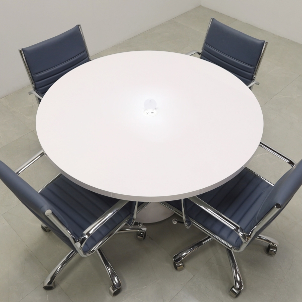 48-inch Newton Round Conference Table in white gloss laminate top & base, with white MX1 power box.