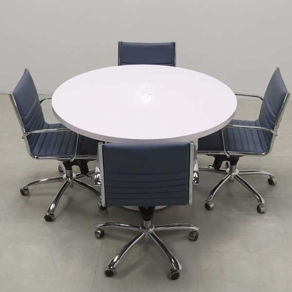 48-inch Newton Round Conference Table in white gloss laminate top & base, with white MX1 power box.