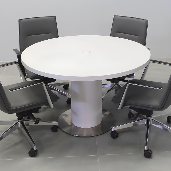 48-inch California X2 Round Conference Table in white matte PVC top & pedestal, and stainless steel base, with white MX1 power box.