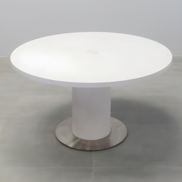 48-inch California X2 Round Conference Table in white matte PVC top & pedestal, and stainless steel base, with white MX1 power box.