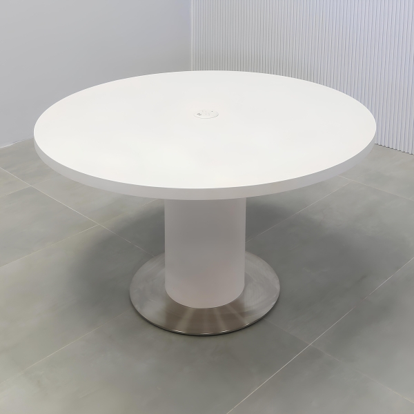48-inch California X2 Round Conference Table in white matte PVC top & pedestal, and stainless steel base, with white MX1 power box.