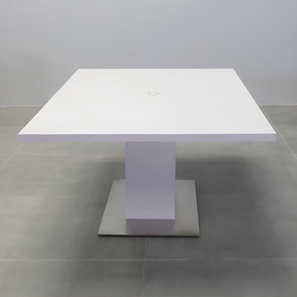 48-inch California X2 Square Conference Table in white matte PVC top & pedestal, and stainless steel base, with white MX1 power box.