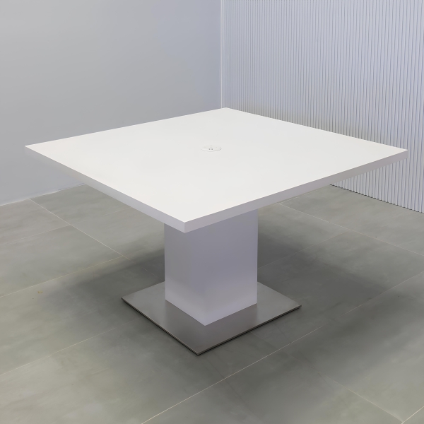 48-inch California X2 Square Conference Table in white matte PVC top & pedestal, and stainless steel base, with white MX1 power box.