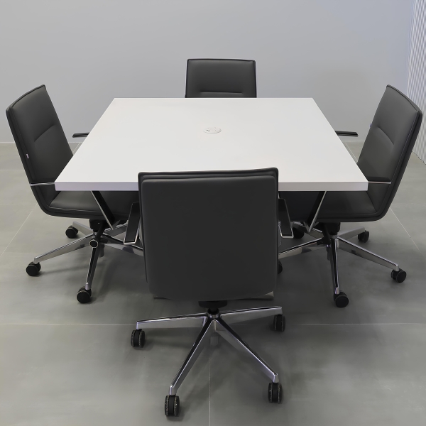 54-inch California X2 Square Conference Table With Laminate Top & pedestal in white matte PVC, silver stainless steel base, and white MX1 power box.