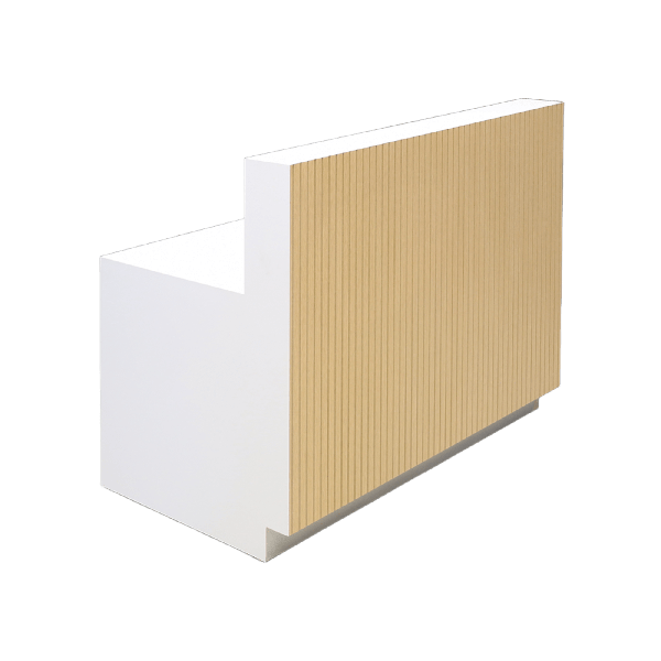 48-inch Dallas Straight Custom Reception Desk in with oak tambour main desk, and white matte laminate workspace & toe-kick.