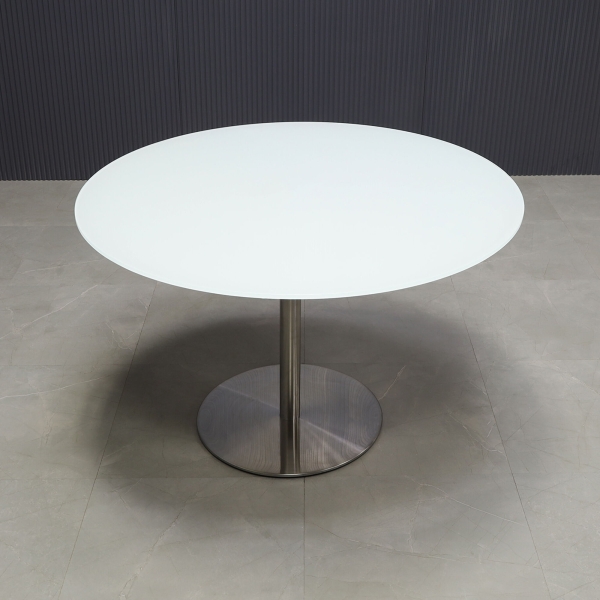 48-inch California Round Conference Table with 1/2-inch white tempered glass top and silver stainless steel base.