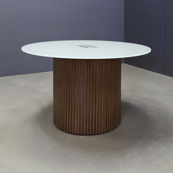 48-inch Omaha Round Conference Table in 1/2-inch white tempered glass top, and walnut tambour base, with silver MX3 power box.