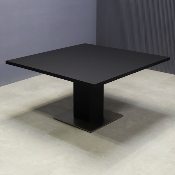 54-inch California X2 Square Conference Table With Laminate Top & pedestal in black traceless laminate, and silver stainless steel base.