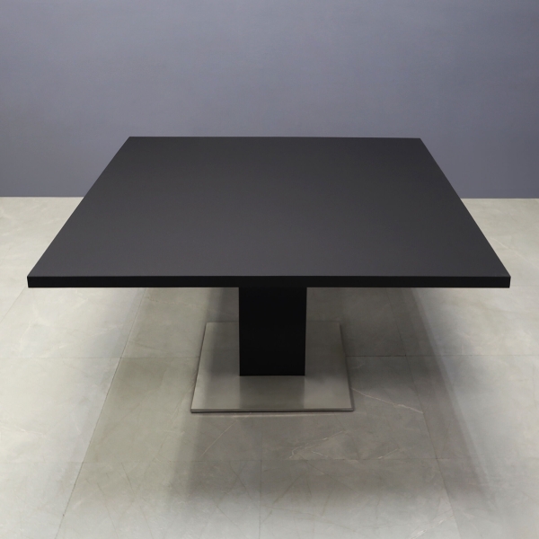 54-inch California Square Conference Table in black traceless laminate top & column, and silver stainless steel base.