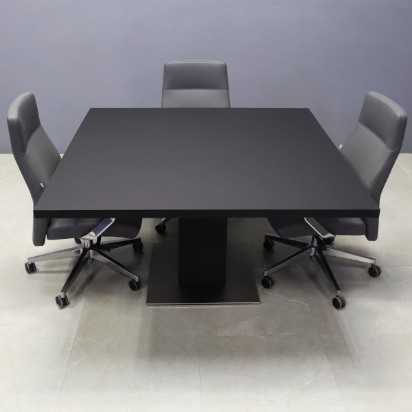 54-inch California Square Conference Table in black traceless laminate top & column, and silver stainless steel base.