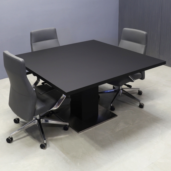 54-inch California Square Conference Table in black traceless laminate top & column, and silver stainless steel base.