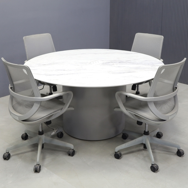 54-inch Aurora Round Conference Table in 1/2-inch calcutta blanc engineered surface top, fog gray matte laminate base, and white MX2 power box.