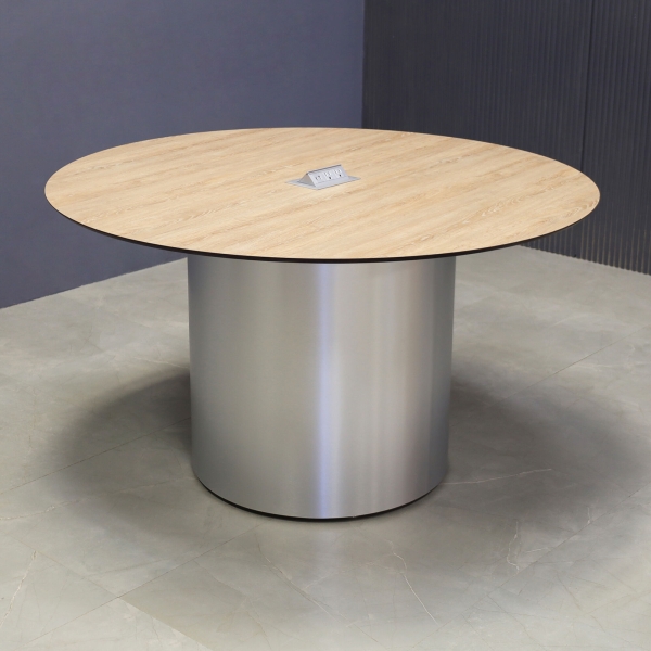 54-inch Aurora Round Conference Table in 1/2-inch countryside oak engineered surface top, brushed aluminum base, and silver MX2 power box.
