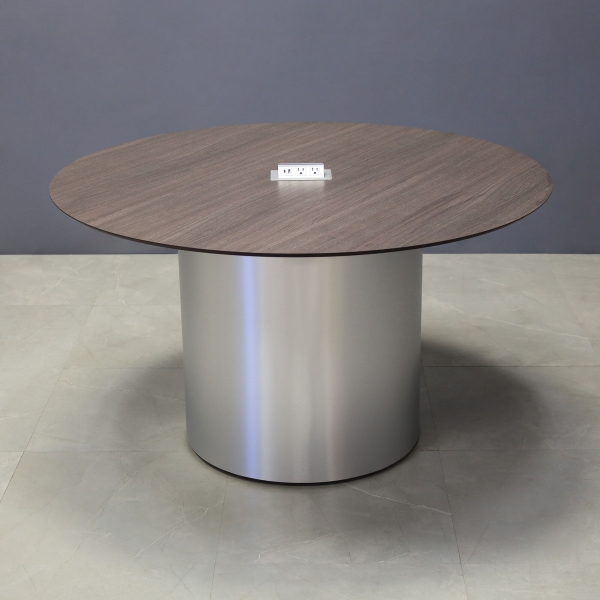 54-inch Aurora Round Conference Table in 1/2-inch Gray oak engineered surface top, brushed aluminum base, and one silver MX2 power box.