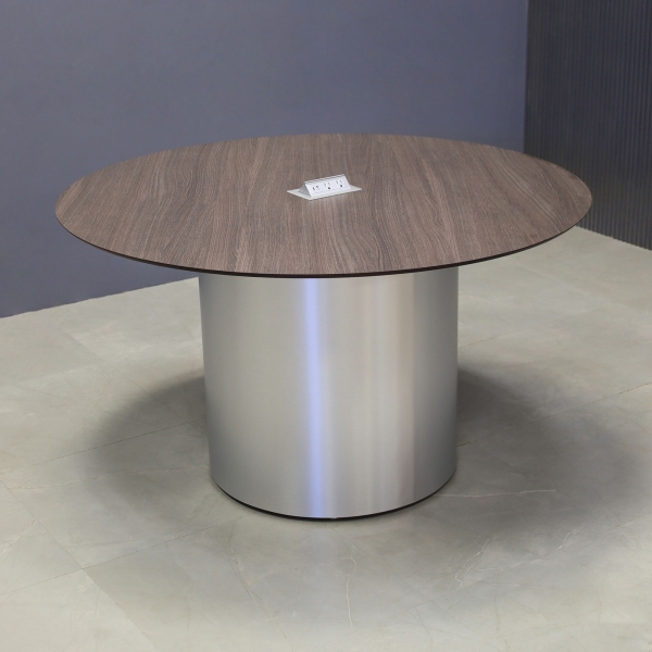54-inch Aurora Round Conference Table in 1/2-inch Gray oak engineered surface top, brushed aluminum base, and one silver MX2 power box.