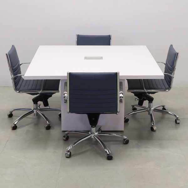 54-inch Newton Square Conference Table With Laminate Top & base in white matte laminate, and silver MX3 power box.