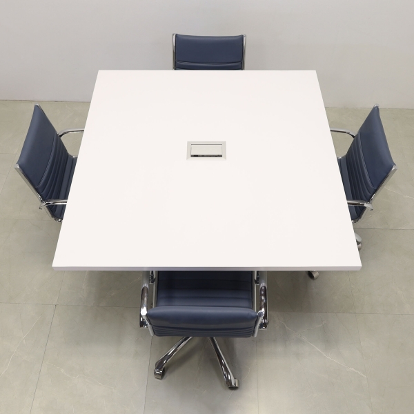 54-inch Newton Square Conference Table With Laminate Top & base in white matte laminate, and silver MX3 power box.
