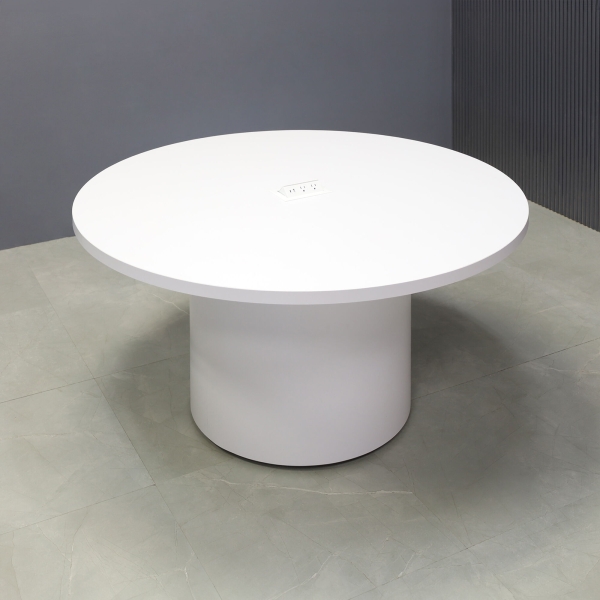 54-inch Newton Round Conference Table in white matte laminate top & base, and white MX2 power box.
