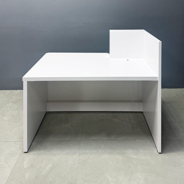 55-inch Dallas ADA Reception Desk in maple tambour desk counter on the left side when facing front, white matte laminate workspace, and brushed aluminum toe-kick.