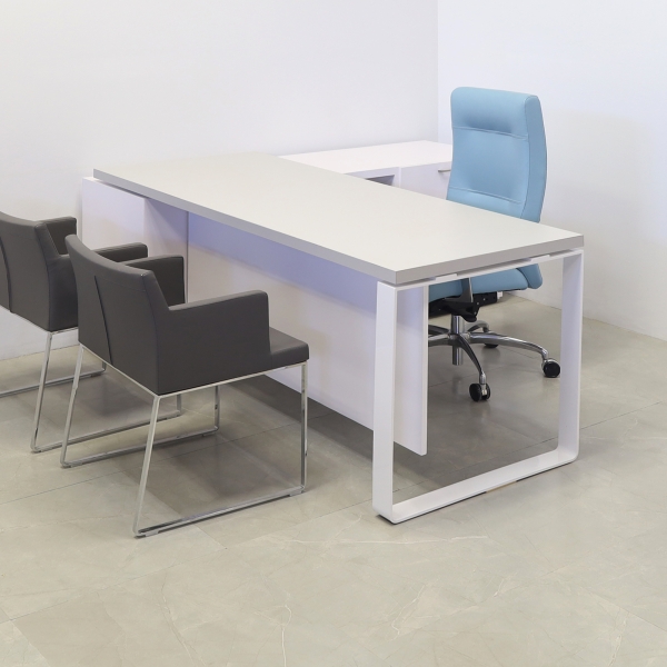 Aspen Executive Desk With Credenza and Laminate Top in fog gray matte lamina top, white matte laminate privacy panel and credenza, and white metal leg shown here.