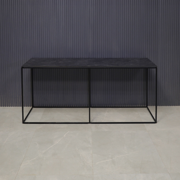 60-inch Aspen Console Table in 1/2-inch black amani engineered surface top and black metal frame.