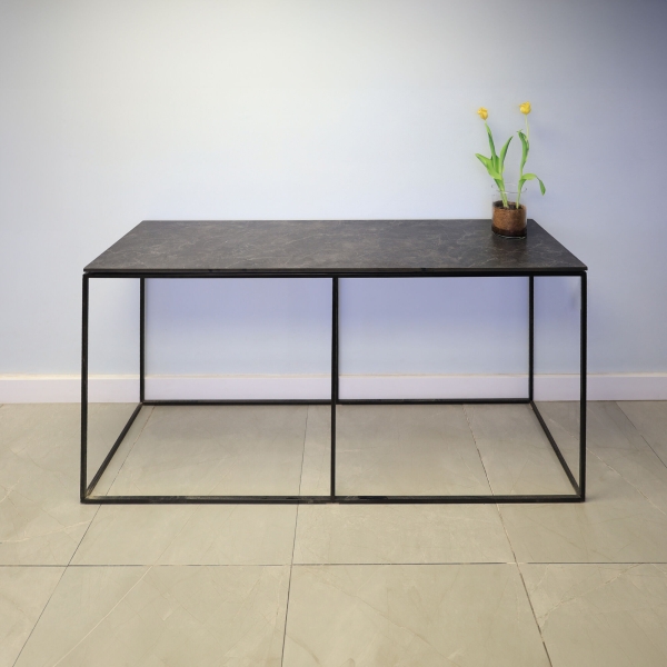 60-inch Aspen Console Table in 1/2-inch black amani engineered surface top and black metal frame.