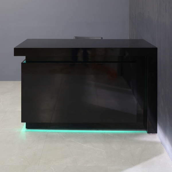 60-inch New York L-Shape Retail Custom Reception Desk in black gloss laminate desk, and color changing LED.