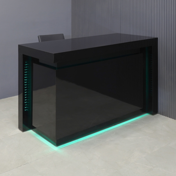 60-inch New York L-Shape Retail Custom Reception Desk in black gloss laminate desk, and color changing LED.