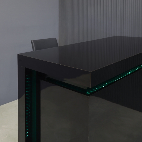 60-inch New York L-Shape Retail Custom Reception Desk in black gloss laminate desk, and color changing LED.