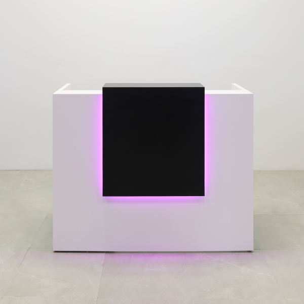 48-inch Chicago Custom Reception Desk in black matte laminate counter and white gloss laminate desk, with color LED, shown here.