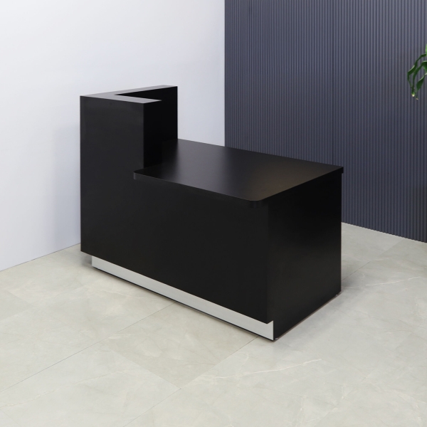 60-inch Dallas ADA Compliant Counter Custom Reception Desk, l-shape counter & desk on the left side when facing front in black matte laminate & workspace, and brushed aluminum toe-kick.