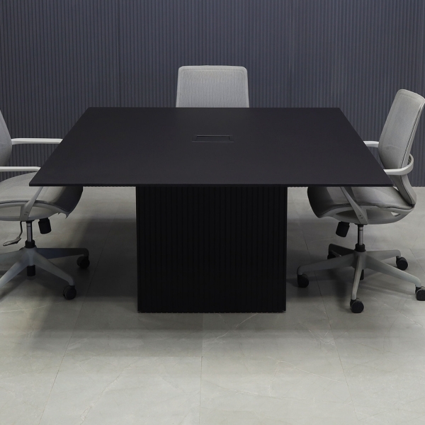 60-inch Aurora Square Conference Table in 1/2-inch black traceless engineered surface top, black traceless tambour base, and black MX3 power box.