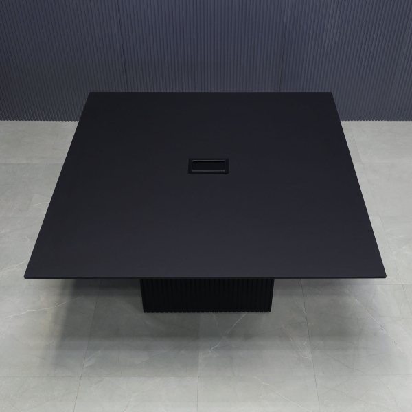60-inch Aurora Square Conference Table in 1/2-inch black traceless engineered surface top, black traceless tambour base, and black MX3 power box.