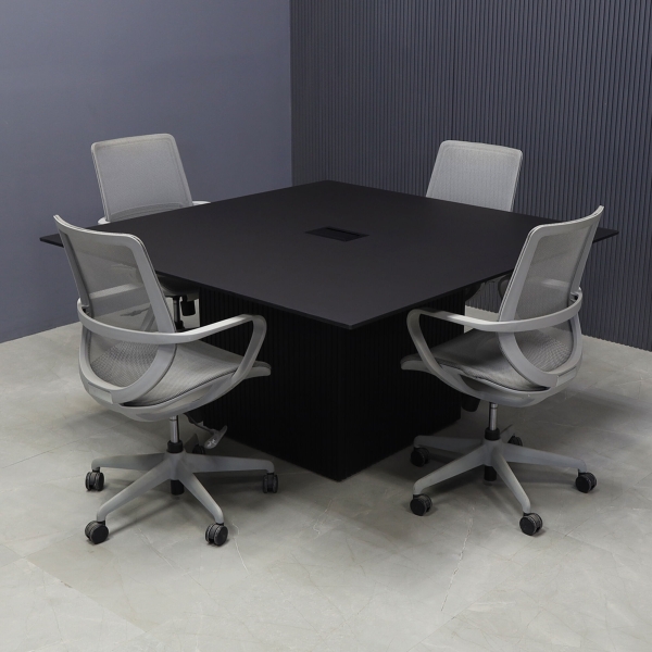 60-inch Aurora Square Conference Table in 1/2-inch black traceless engineered surface top, black traceless tambour base, and black MX3 power box.
