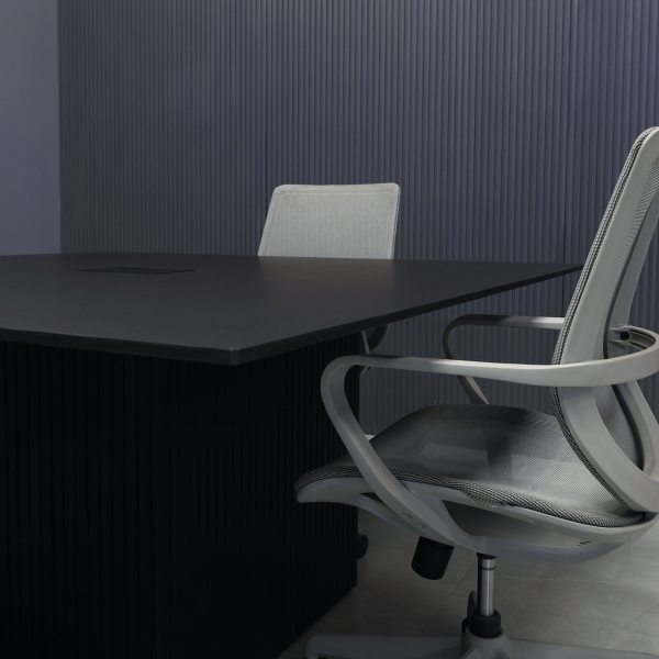 60-inch Aurora Square Conference Table in 1/2-inch black traceless engineered surface top, black traceless tambour base, and black MX3 power box.