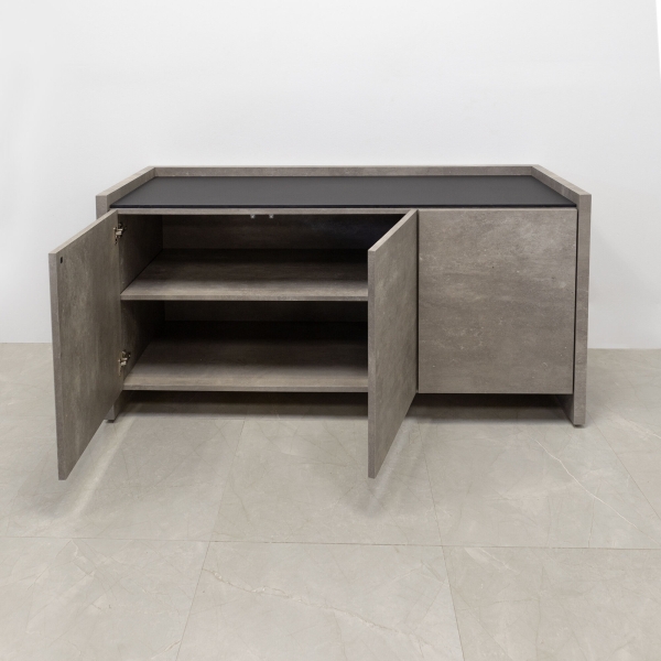 60-inch Aspen Storage Credenza in 1/2-inch black traceless engineered surface top, and industrial concrete credenza & doors.