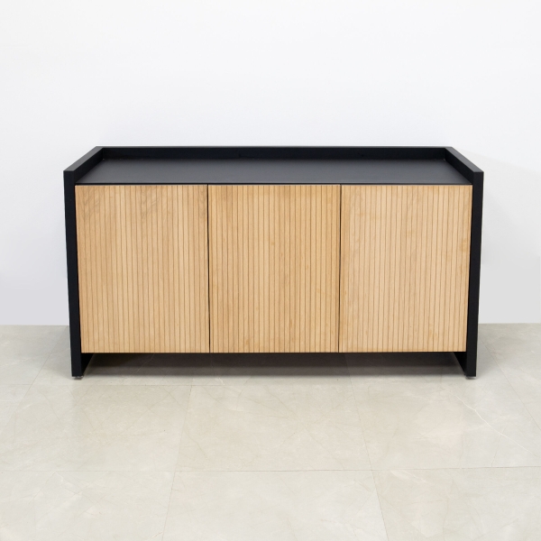 60-inch Aspen Storage Credenza in black traceless laminate credenza, and white oak tambour doors.