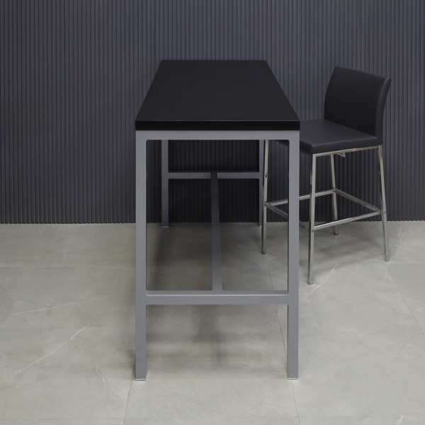 60-inch Aspen Bar Table in black traceless laminate top, and gray metal frame.