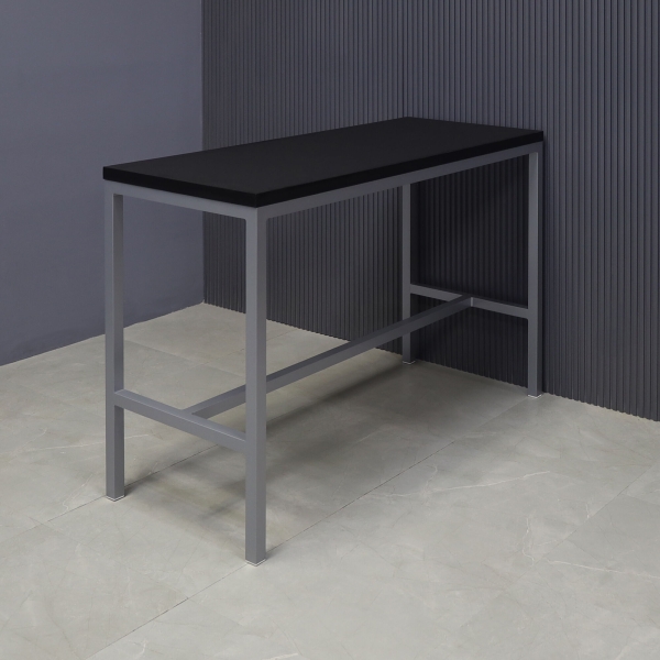 60-inch Aspen Bar Table in black traceless laminate top, and gray metal frame.