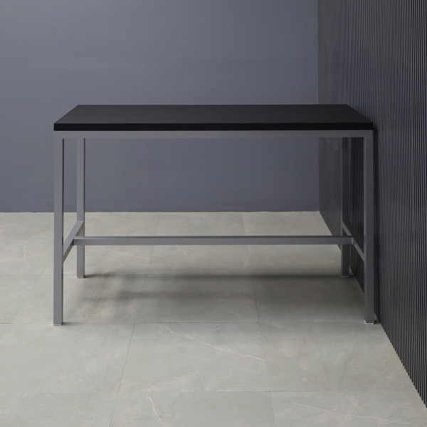60-inch Aspen Bar Table in black traceless laminate top, and gray metal frame.