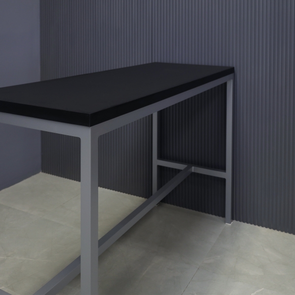 Aspen Bar Table in black traceless laminate top and gray aluminum framing shown here.