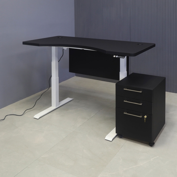 60-inch aXis Sit-stand Executive Desk with black traceless laminate top & privacy panel, and white metal legs, shown here.